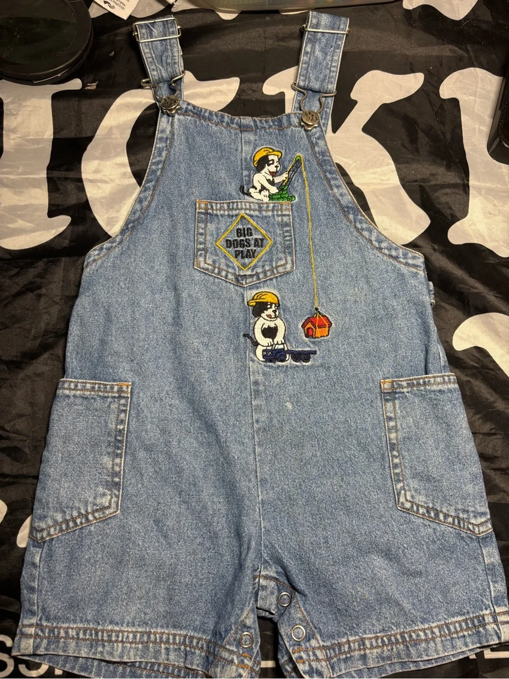 Kids Light Blue Denim Short Overalls with Playful Dog Patches